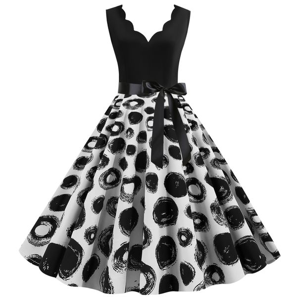

2020 designer women clothes casual dresses v neck a line elegant dress print retro hepburn swing vintage party rockabilly dresses, Black;gray