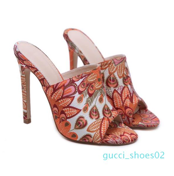 

plus size 35 to 40 41 42 orange floral printed phoenix slip on mules high heels shoes g02, Black