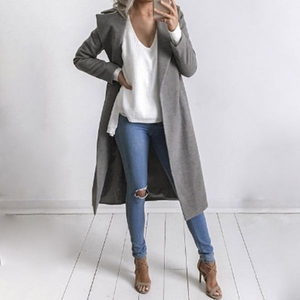 

umeko casual turn-down collar coat women long sleeve solid color open stitch long coat 2019 femme autumn winter cardigan, Black