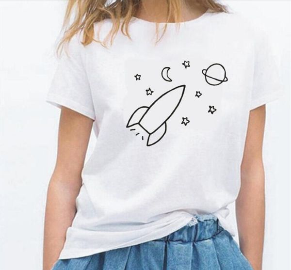 

женщины star moon universe spaceship soft модные дамы цветочные топ с коротким рукавом хлопок эстетическая streetwear tee t-shirt, White