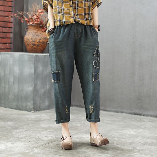 

women jeans denim pants bottoms patchwork distressed retro vintage casual fashion big loose for spring autumn az60204118, Blue