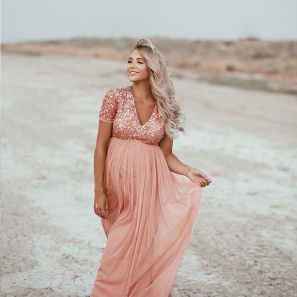 

2020 maternity dress women pregnants pgraphy props short sleeve maternity solid lace long dress art p clothes, White