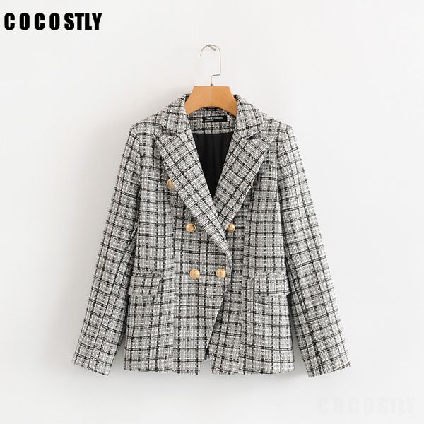 

fashion double breasted plaid blazer women long sleeve slim blazers 2019 casual autumn jacket blazer female houndstooth coat, White;black