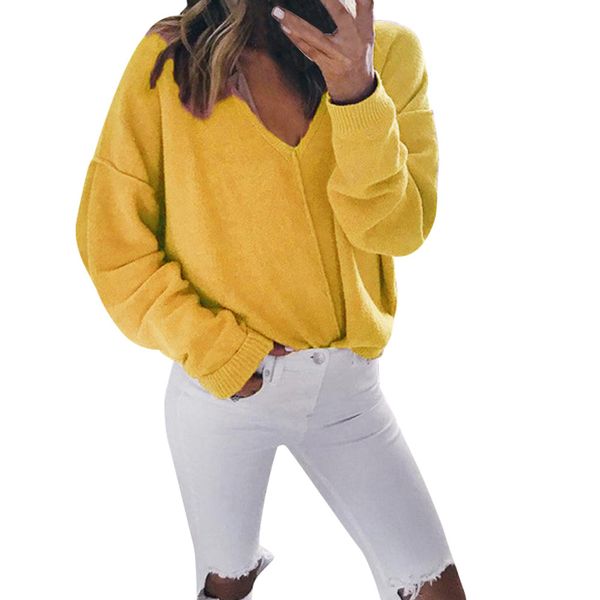 

casual deep v neck women knitted sweater long sleeve pullover jumper loose autumn winter fashion casaco feminino, White;black
