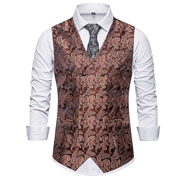 

cashew flower priting suit vest men's new brand fashion luxury slim fit double-breasted wedding host party bar men vests, Black;white