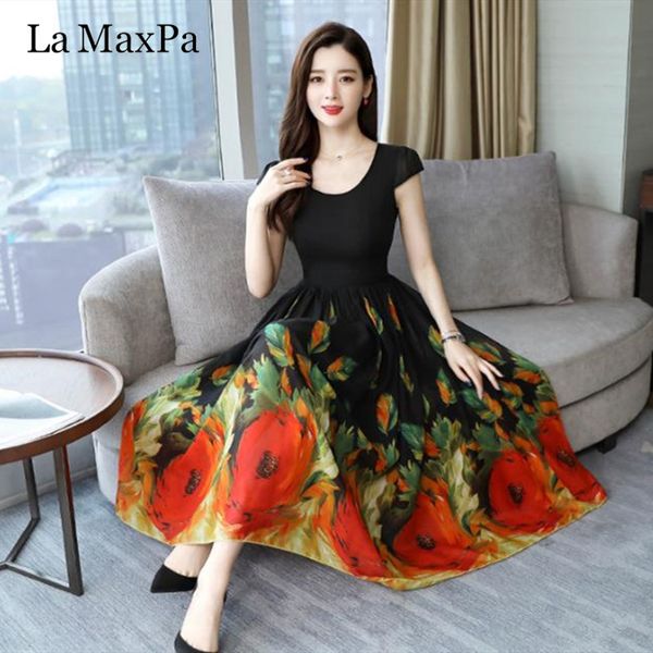 

la maxpa летние платья женщин 2019 г. новые платья больших размеров vintange шифоновое платье с коротким рукавом с длинным платьем с принтом, Black;gray