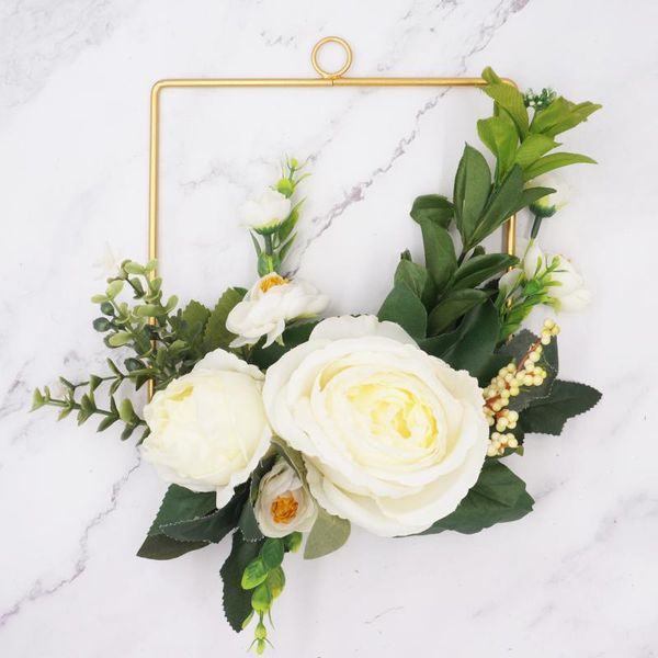 

decorative flowers & wreaths flower wreath artificial silk white rose with plant iron square garlands wall door decoration wedding farmhouse