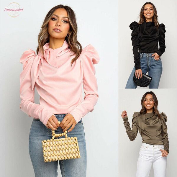 

women t shirt satin vintage long puff sleeve solid slim turtleneck autumn casual basic tees t shirts, White