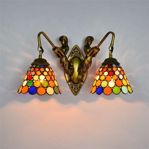 

e27 tiffany style corridor double headed wall lights bar corridor aisle glass wall lamp mermaid base coloured glass wall lightstf062