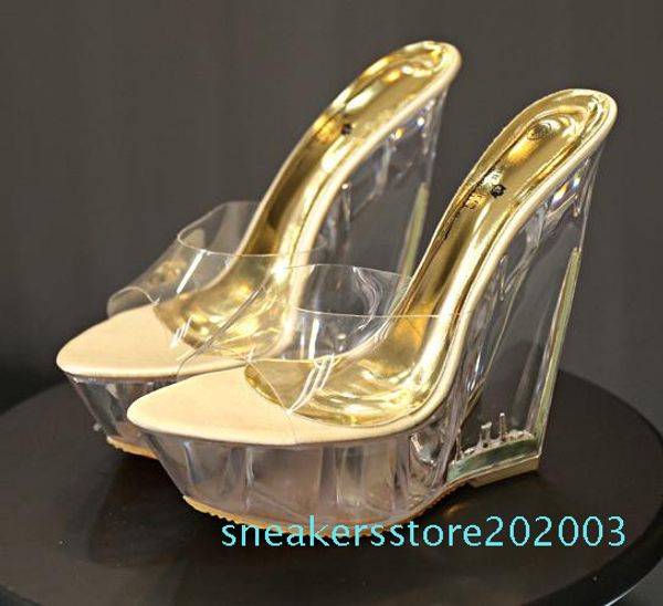 

14cm luxury handmade crystal shoes beaded wedge heel clear sandals women designer mules bridal wedding shoes come with box s03, Black