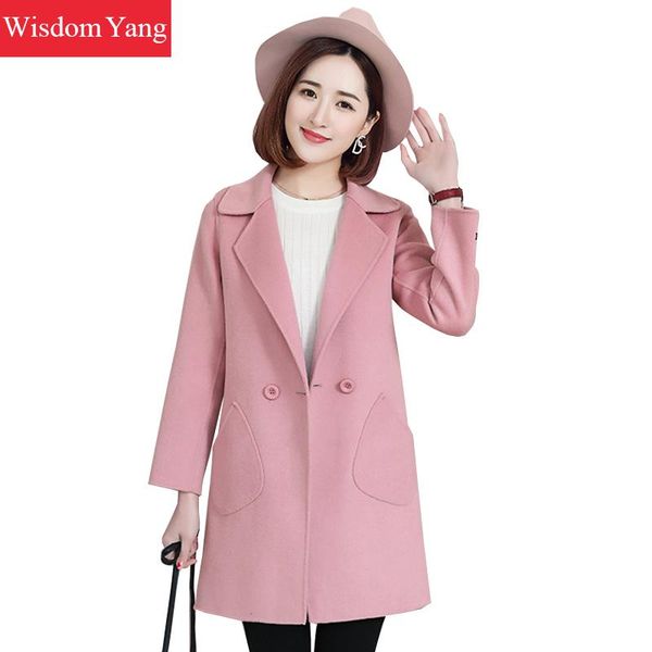 

winter women blue red coat turndown long sleeve sheep wool cashmere coats ladies elegant trench woolen overcoats manteau femme, Black