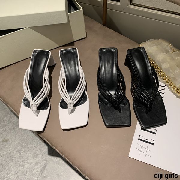 

2020 new summer mules shoes women square high heels sandal slippers square toe ladies slides outdoor casual beach flip flops, Black