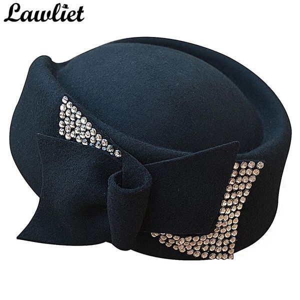 Fashion-женщины дамы Pillbox Hat Teardrop лук горный хрусталь Vintage Гэтсби Стиль Fascin Шляпы Зимние шерстяные шапки для коктейля гонки Свадьба