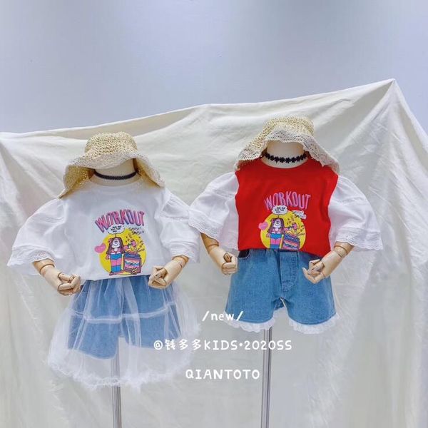 

2020 girls patchwork t-shirt cotton fashion summer girls 3-9t f59, Blue