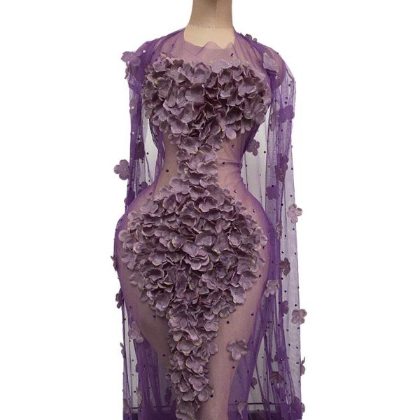 

women purple flower dress costume one-piece evening long tail dress celebrate party wear singer stage performance clothing, Black;red