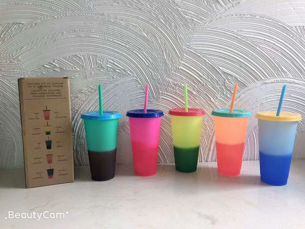

dhl for colour changing cup plastics reusable cold cup coffee and tea cup big capacity with lid straw 700ml 5 colors