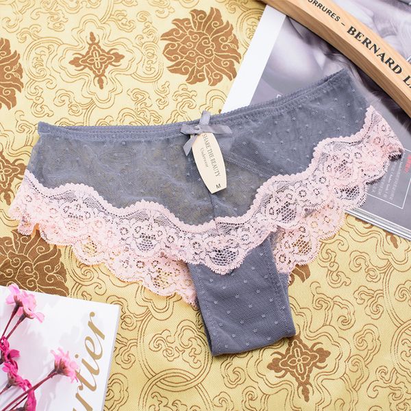 

womens bow polka dot underwear lace summer low waist perspective gauze cute casual women panties, Black;pink