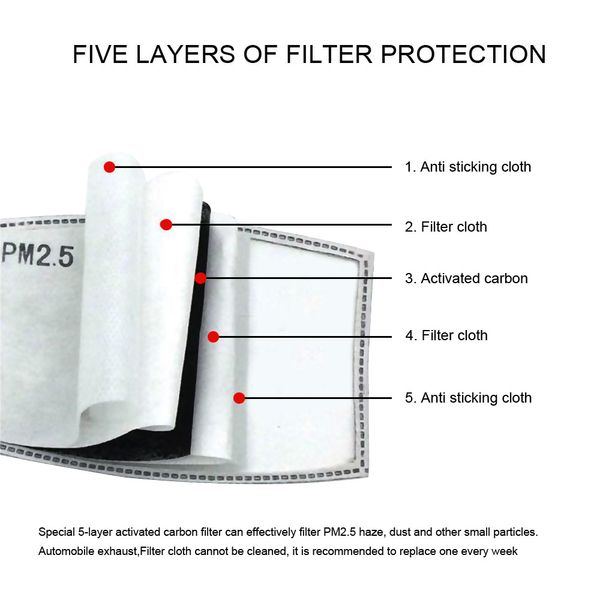 

10 шт. / компл. pm2. 5 anti haze маска для рта сменный фильтр-срез 5 слоев нетканый активированный уголь фильтр маски для лица прокладка ocg