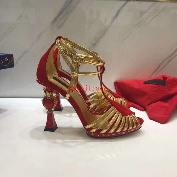 

milan italy runway sandals in suede and mordore with heart sculpted heel bette sandals 105 mm studs crystal rivets strap buckle shoes, Red;white