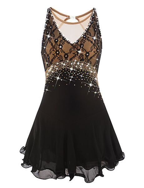 

black figure skating dress long-sleeved ice skating skirt spandex, Black;red