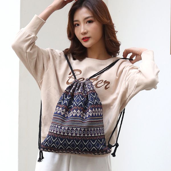 

retro style drawstring backpack knit fabric large capacity durable sack geometrical travel practical casual daily foldable