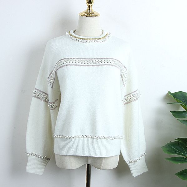 

winter thick o neck sweater cute white pullover gold line striped pearl beaded lantern sleeve knit sweaters casual top, White;black