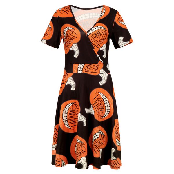 

halloween printed dress fashion v neck short sleeves party dress womens skull halloween dress, White;black