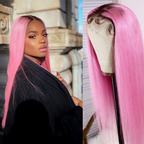 

aiva brazilian human hair full lace wigs 150 density 613 hair dyeing pink ombre straight glueless wigs for black women with baby hair, Black;brown