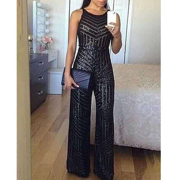 

sleeveless wide leg jumpsuit for women elegant glitter round neck sleeveless sequins jumpsuit night club party overalls, Black;white