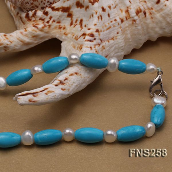 

jyx 2018 fashion necklace oval blue turquoise with natural white freshwater pearl necklace 19" turquoise and pearl chains 8*15mm, Silver