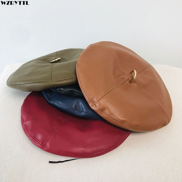 

2019 new women beret at all season chic pu leather french style beret for summer winter hat girl beanies cap 55-59cm, Blue;gray
