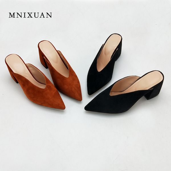 

mnixuan women shoes pumps fashion mules 2018 summer genuine leather pointed toe block high heels 8cm height big size 34-43, Black