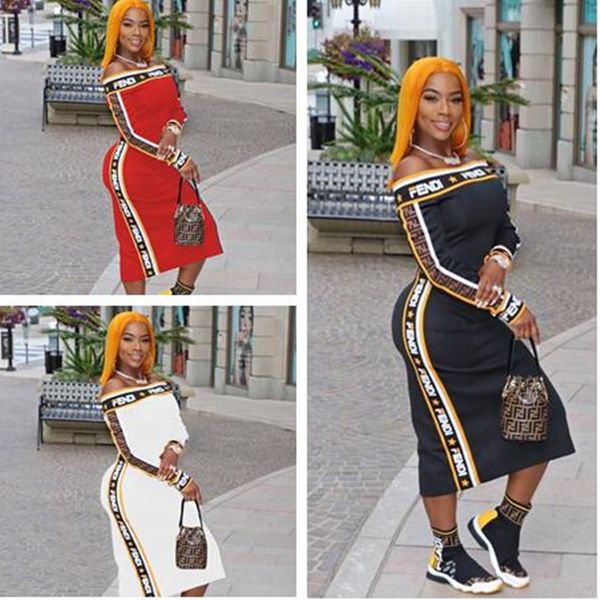 

2019 designer woman summer dresses long sleeve ff letters print ribbon bodycon dresses luxury flat off shoulder evening dresses s-xxl c61705, White