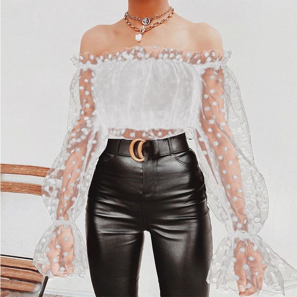 

mesh black blouse, women's shirt, bodycon round neck, lantern, long sleeve, club blouses for women, spring-summer 2020, White