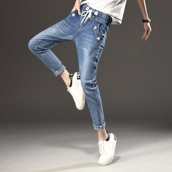 

women's jeans girls fashion trousers black jeans elastic waistband woman full loose denim pants boyfriends wholesale, Blue