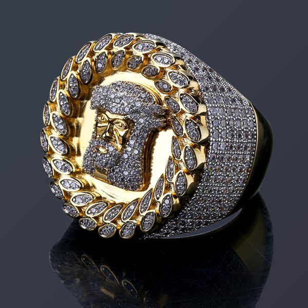 18 Karat vergoldeter Zirkonia-Ring für Herren, Jesus-Porträt, christliche Gebetsgeste, Hip-Hop-Diamantschmuck, Geschenke für Männer, Großhandel zum Verkauf