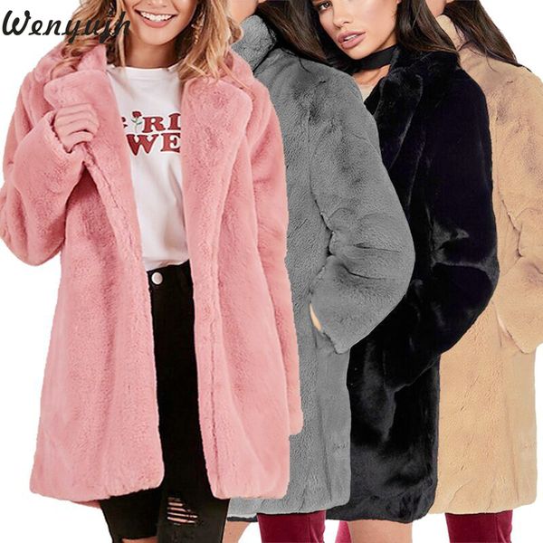 

wenyujh 2019 elegant faux fur long coat women autumn winter warm thick jackets cardigans plus size outwear soft teddy coat, Black