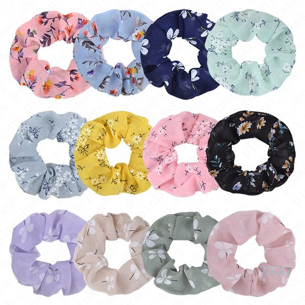 

trendy scrunchies headband chiffon floral printing hairbands large intestine hair ties ropes women girls ponytail holder accessories d51106, Slivery;white