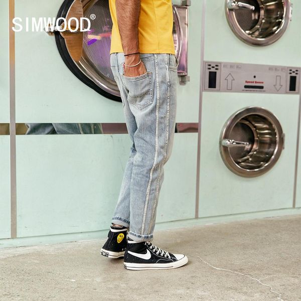 

simwood 2019 spring summer new jeans men side striped slim fit jeans fashion ankle-length denim trousers 190033, Blue