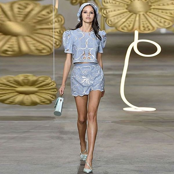 

runway new fashion summer zipper hollow mini half skirt elegant chic embroidered casual party women's sets, White