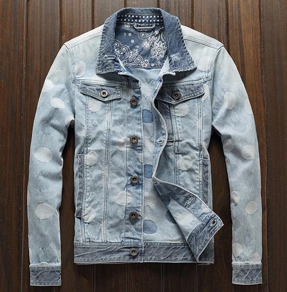 

bonjean mens polka dot denim jacket mal rock fashion light blue slim casual biker jackets coat drop shipping, Black;brown