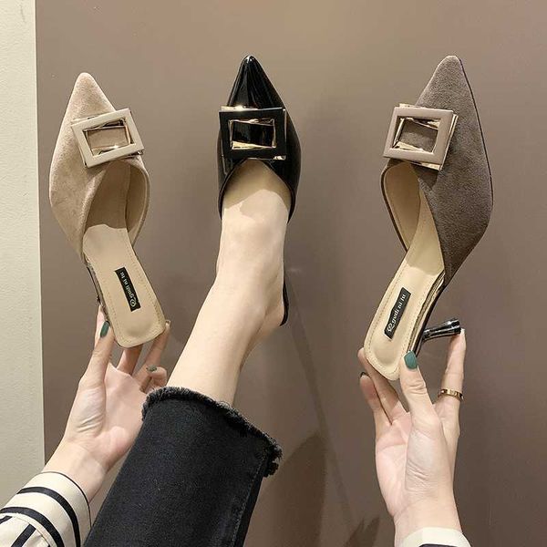 

flock shoes med slippers heels cover toe slides slipers women soft high thin 2020 pumps spring rome pu rubber shoes woman 2020, Black