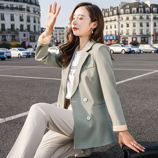 

women's two piece pants plus size s-4xl ladies suit temperament green jacket female slim trouser, White