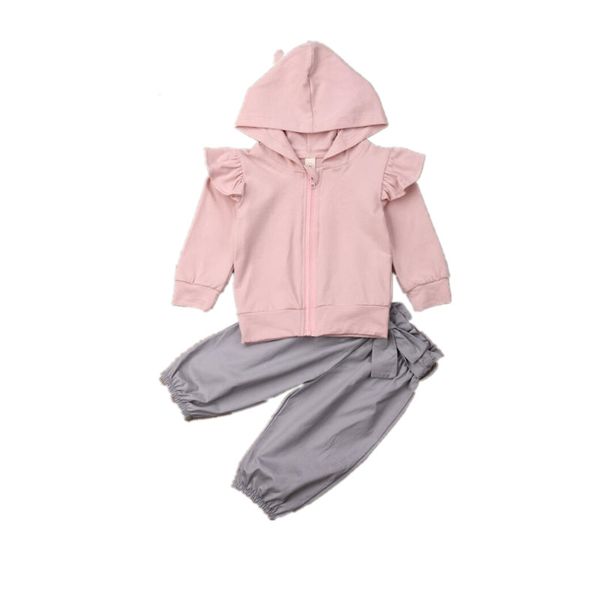 

autumn 2019 toddler baby girls clothes ruffle sleeve hood zipper coat long pants outfit, White