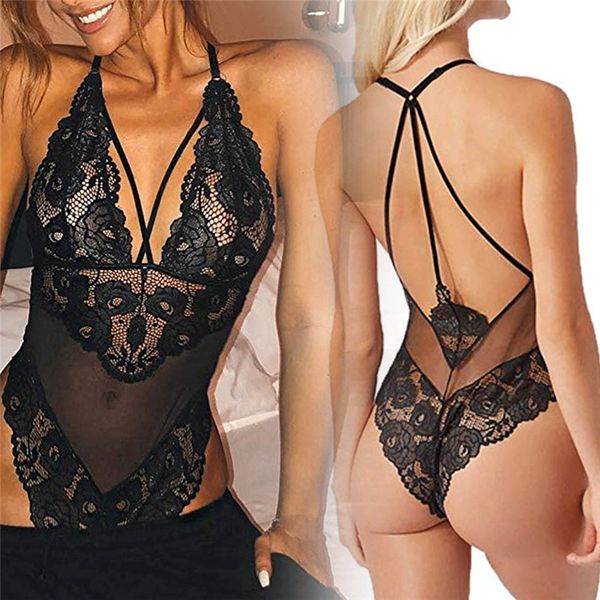 

hirigin 2019 new women exotic apparel babydolls sleeveless strap backless black lace babydoll g-string underwear nightwear, Black;white