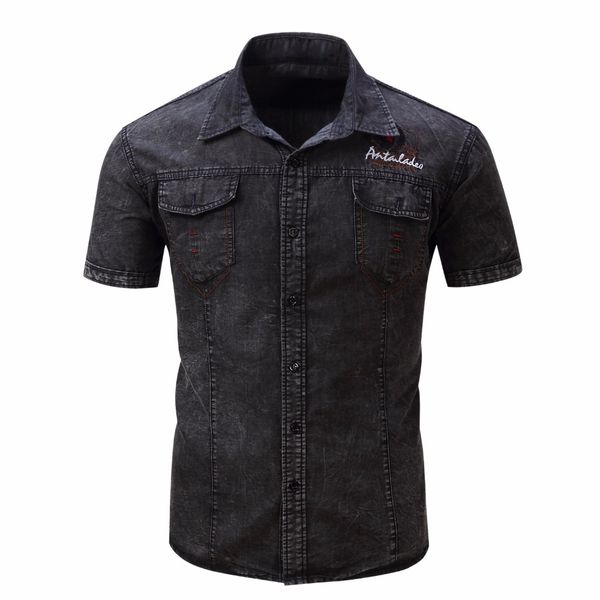

2019 summer denim casual shirts men new short sleeve army shirt, White;black