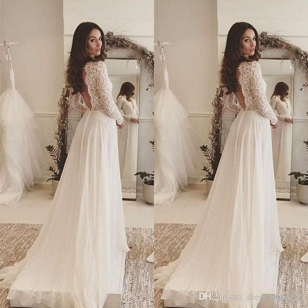 

elegant bohemian a-line wedding dresses deep v neck lace long sleeves chiffon floor length beach backless bridal gowns vestidos de novia, White