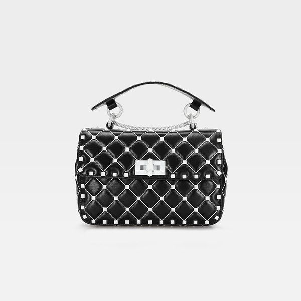 

belle2019 woman sheepskin genuine leather white rivet bag single shoulder span portable small square package