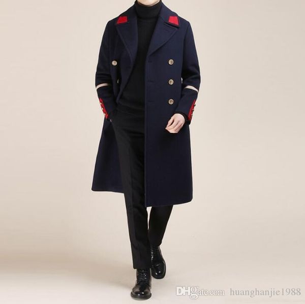 

корейская мода осень зима новые мужчины молодежь англия шерстяная тонкая кашемировая ветровка длинные блейзеры контрастный цвет шерстяное па, Black