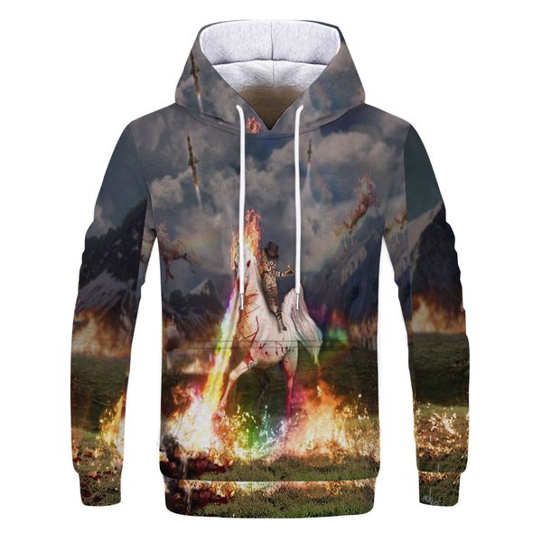 

mens designer colorful white horse 3d digital printing hoodie, Black